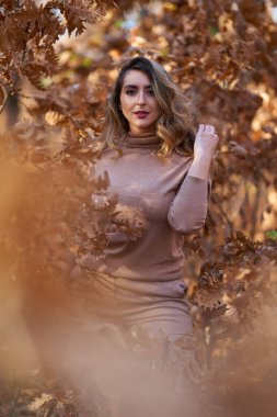 Ayrıca sonbaharın sonlarında meşe ormanında güzel bir kadın.