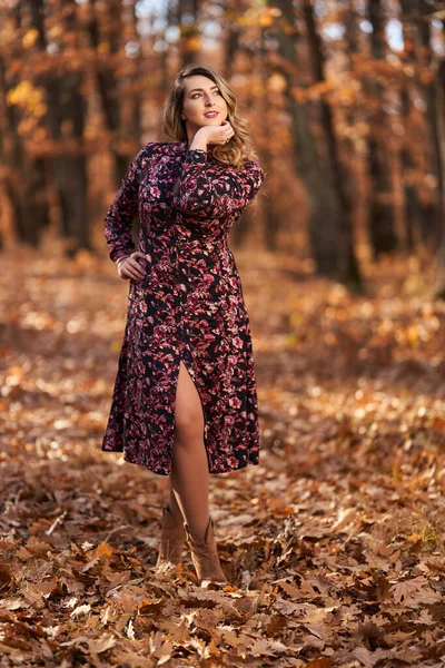 Size Beautiful Woman Oak Forest Late Autumn — Stock Photo, Image