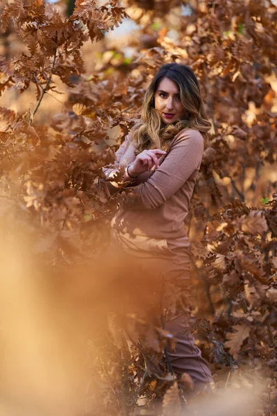 再加上秋末在橡木林中的美丽女子 — 图库照片