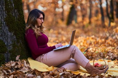 Genç iş kadını, ormanda güzel bir sonbahar gününün tadını çıkarırken dizüstü bilgisayarında çalışıyor.