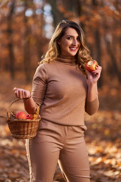 秋のオークの森の中のプラスサイズの幸せな美しい女性 ピクニックのためのリンゴのバスケット — ストック写真