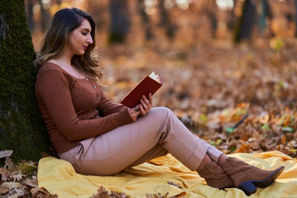 Mladá Žena Čte Knihu Venku Lese Konci Podzimu Při Západu — Stock fotografie