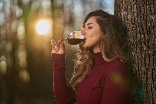 아름다운 여자가 숲에서 포도주를 즐기고 — 스톡 사진