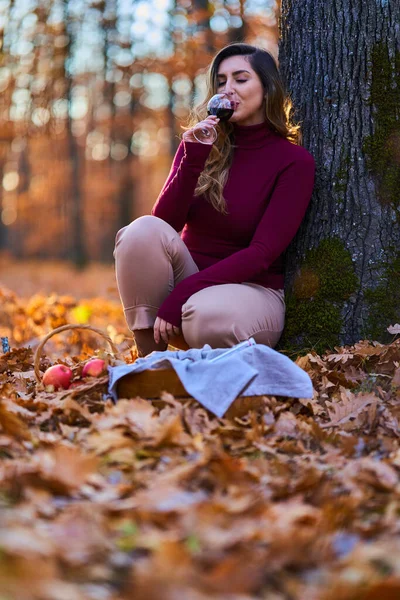 日落时分 美丽又大的印度年轻女子在橡木林中品着一杯红酒 — 图库照片