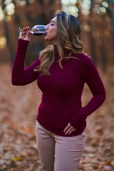 Bella Size Giovane Donna Indiana Godendo Bicchiere Vino Rosso Nella — Foto Stock