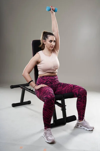 Confident Attractive Size Woman Working Out Dumbbells Fitness Bench Isolated — Stock Photo, Image