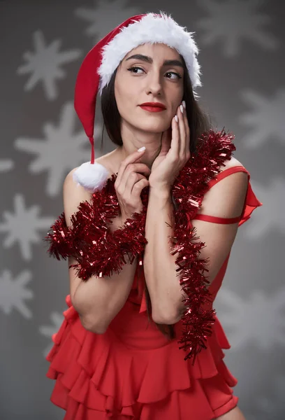 Attractive Santa Helper Girl Mini Red Dress Christmas Cap Gray — Stock Photo, Image