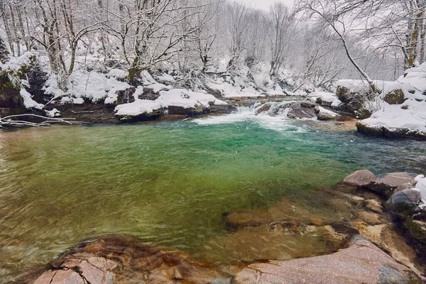 Paisaje Invernal Con Río Que Fluye Través Del Bosque Cubierto — Foto de Stock