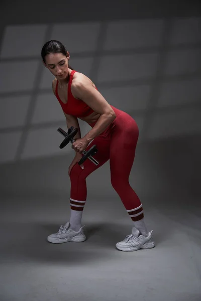 Athletic Young Fitness Model Woman Red Gym Outfit Doing Triceps — Stock Photo, Image