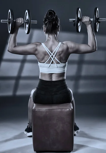 Monochrome Toned Woman Doing Shoulder Fitness Workout Dumbbells — Foto de Stock