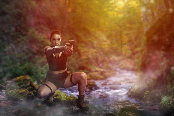 Adventurer Young Woman Taking Aim Her Gun Misty Canyon Crossing — Stock Photo, Image