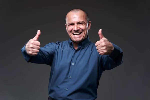 Happy Businessman Showing Thumbs Sign End Done Deal Gray Background — Stock Photo, Image