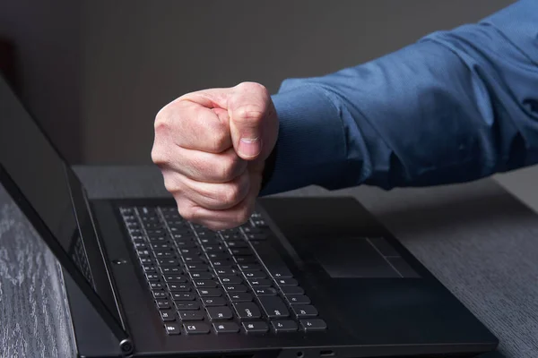 Mature Businessman Fist Smash Keyboard Laptop Working Out Rage — Stock Photo, Image