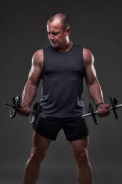 Maduro Caucasiano Muscular Homem Tee Shorts Fazendo Treino Fitness Fundo — Fotografia de Stock
