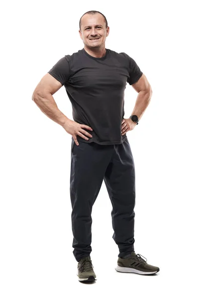 Celé Tělo Zralého Fitness Trenéra Pózovat Bílém Pozadí — Stock fotografie
