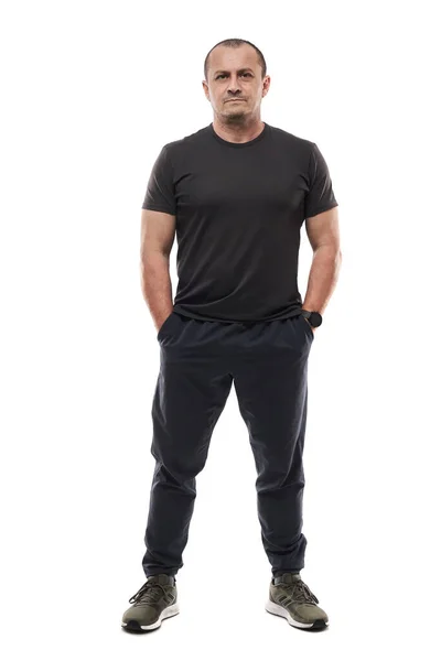 Full Body Mature Fitness Coach Posing White Background — Stock Photo, Image