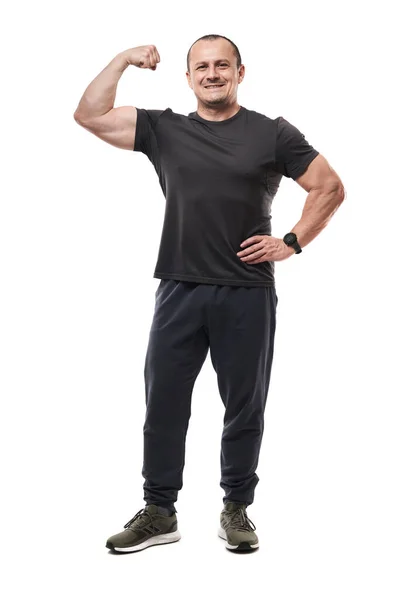 Full Kropp Mogen Fitness Tränare Poserar Vit Bakgrund — Stockfoto