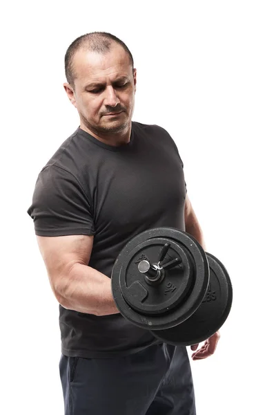 Starší Běloch Svalnatý Muž Dělá Fitness Cvičení Činka Biceps Kudrlinky — Stock fotografie