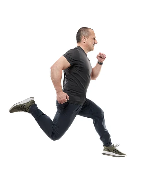 Volwassen Atletische Man Lopen Geïsoleerd Witte Achtergrond — Stockfoto