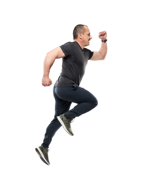 Gammal Atletisk Man Hoppar Isolerad Vit Bakgrund — Stockfoto