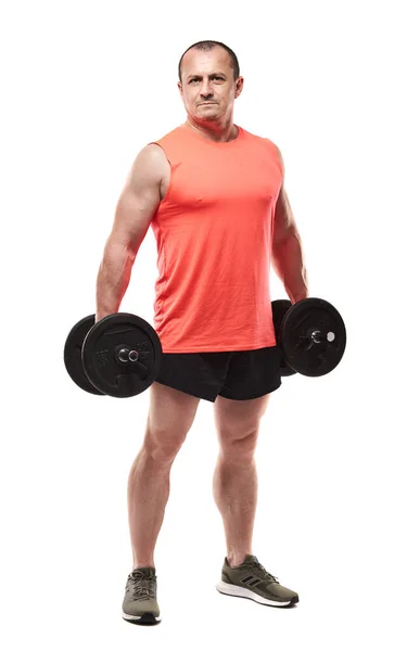Mature Athletic Man Pink Tee Doing Fitness Workout Dumbbells Isolated — Stock Photo, Image