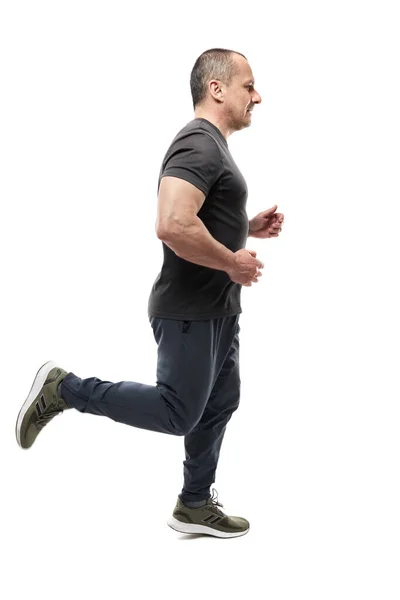 Mature Athletic Man Running Isolated White Background — Stock Photo, Image