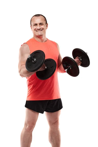 Starší Atletický Muž Růžové Tee Dělá Fitness Cvičení Činky Izolované — Stock fotografie