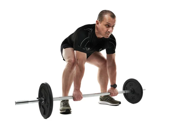Atletik Orta Yaşlı Adam Halterle Ağırlık Kaldırma Egzersizi Yapıyor Beyaz — Stok fotoğraf