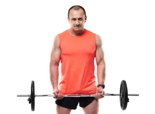 Mature Athletic Man Pink Tee Doing Fitness Workout Barbell Weights — Stock Photo, Image