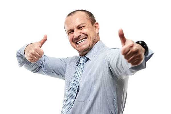 Επιτυχημένος Επιχειρηματίας Χαμογελώντας Δείχνει Αντίχειρες Επάνω Πινακίδα Απομονώνονται Λευκό Φόντο — Φωτογραφία Αρχείου