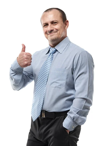 白い背景に隔離された親指を示す成功したビジネスマンの笑顔 — ストック写真