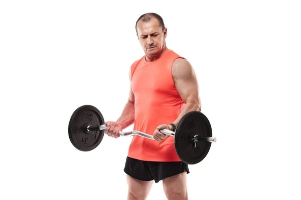 Mature Athletic Man Pink Tee Doing Fitness Workout Barbell Weights Stock Picture