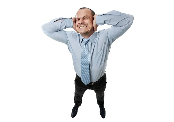 Széles Látószögű Lövés Felülről Egy Stresszes Üzletember Befedi Fülét Fejét — Stock Fotó