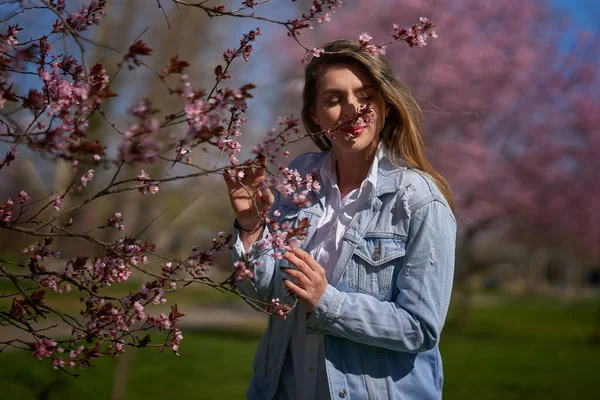 Восточно Азиатская Молодая Женщина Наслаждается Весной Парке Цветущими Деревьями — стоковое фото