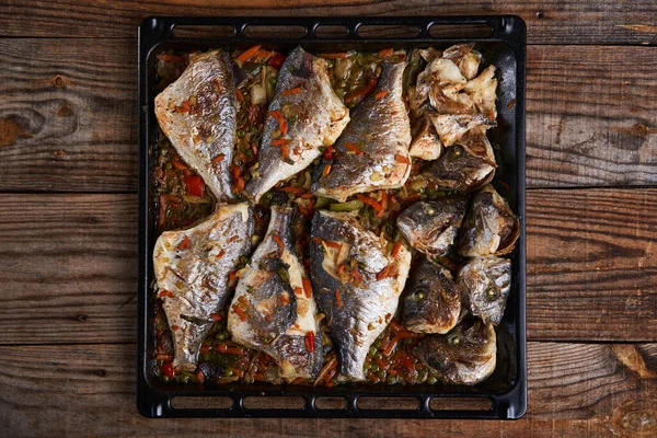 Delicious Oven Cooked Bream Metal Tray Rustic Wooden Board — Stock Photo, Image