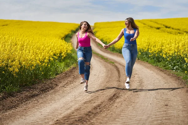 Dois Tamanho Namoradas Alegremente Andando Uma Estrada Terra Através Campo — Fotografia de Stock