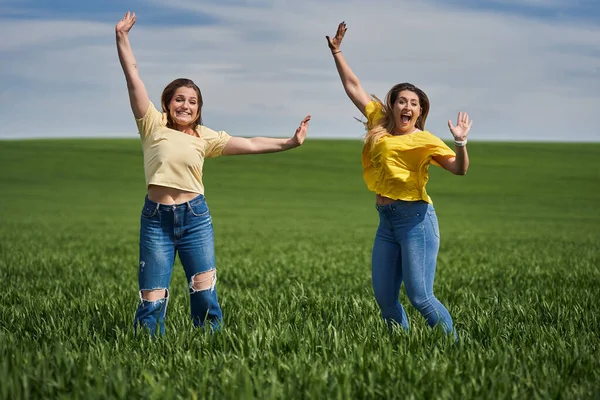 Två Storlek Flickor Hoppar För Glädje Och Kul Ett Vetefält — Stockfoto