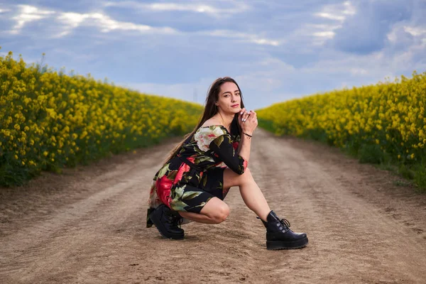 春の終わりに菜の花畑で花のドレスを着た美しいヒスパニック系の若い女性の肖像画 — ストック写真