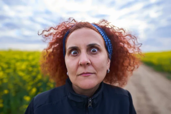 Wide Angle Funny Closeup Shot Woman Shock Expression — Stock Photo, Image