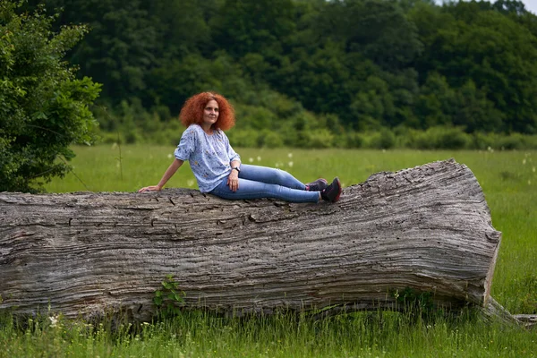 Portrait Redhead Curly Hair Woman Meadow Oak Forest — Stock Photo, Image