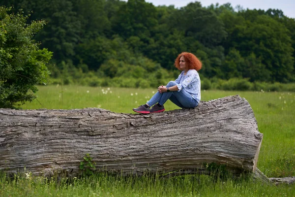 Portrait Redhead Curly Hair Woman Meadow Oak Forest — Stock Photo, Image