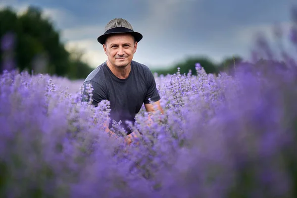 Jordbrukare Med Hatt Mitt Lavendelfältet Redo För Skörd — Stockfoto