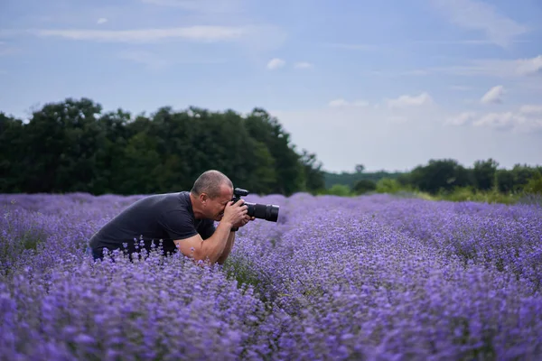 Profesionální Příroda Fotograf Kamerou Natáčení Krásném Kvetoucím Levandulovém Poli Červenci — Stock fotografie