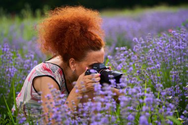 Lavanta tarlasında fotoğraf çeken kadın doğa fotoğrafçısı.