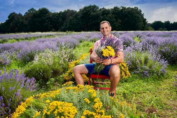 Lavendelbäuerin Erntet Die Duftenden Blumen Hochsommer — Stockfoto
