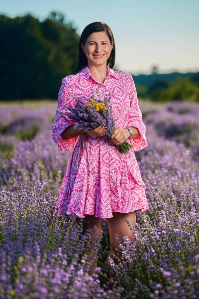 Attractive Brunette Young Woman Blooming Lavender Field — Stock Photo, Image