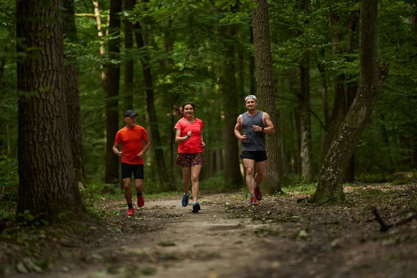 Group of three runners, jogging on running trail through the forest