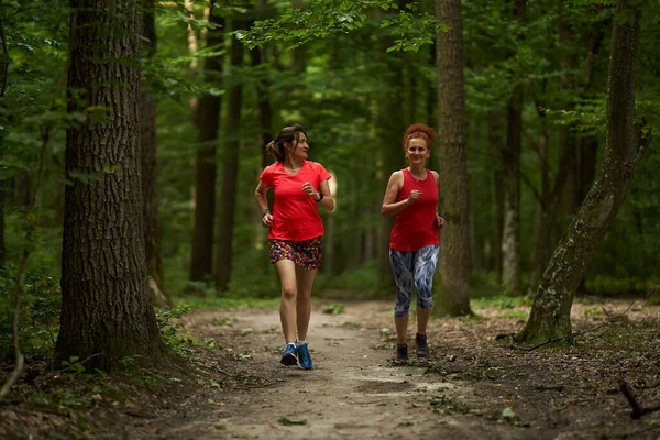 Zwei Glückliche Und Gesunde Frauen Laufen Auf Einem Joggingpfad Wald — Stockfoto