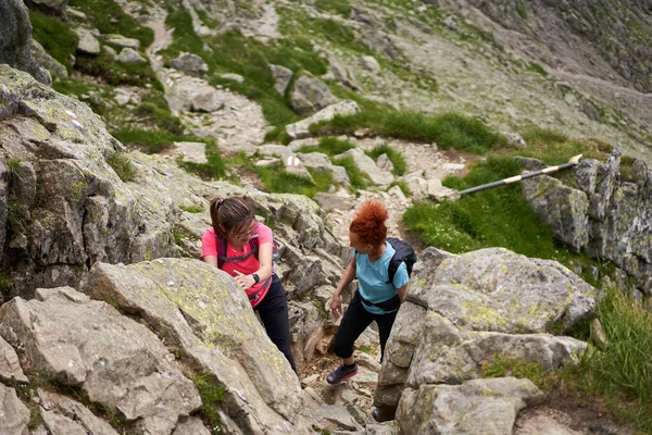Dos Mujeres Excursionistas Con Mochilas Senderismo Sendero Las Montañas Rocosas — Foto de Stock