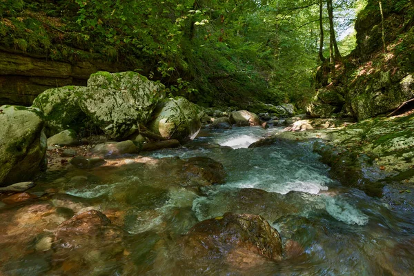 Нетронутый Рай Румынских Горах Речным Ущельем Нетронутыми Водами Мшистыми Валунами — стоковое фото